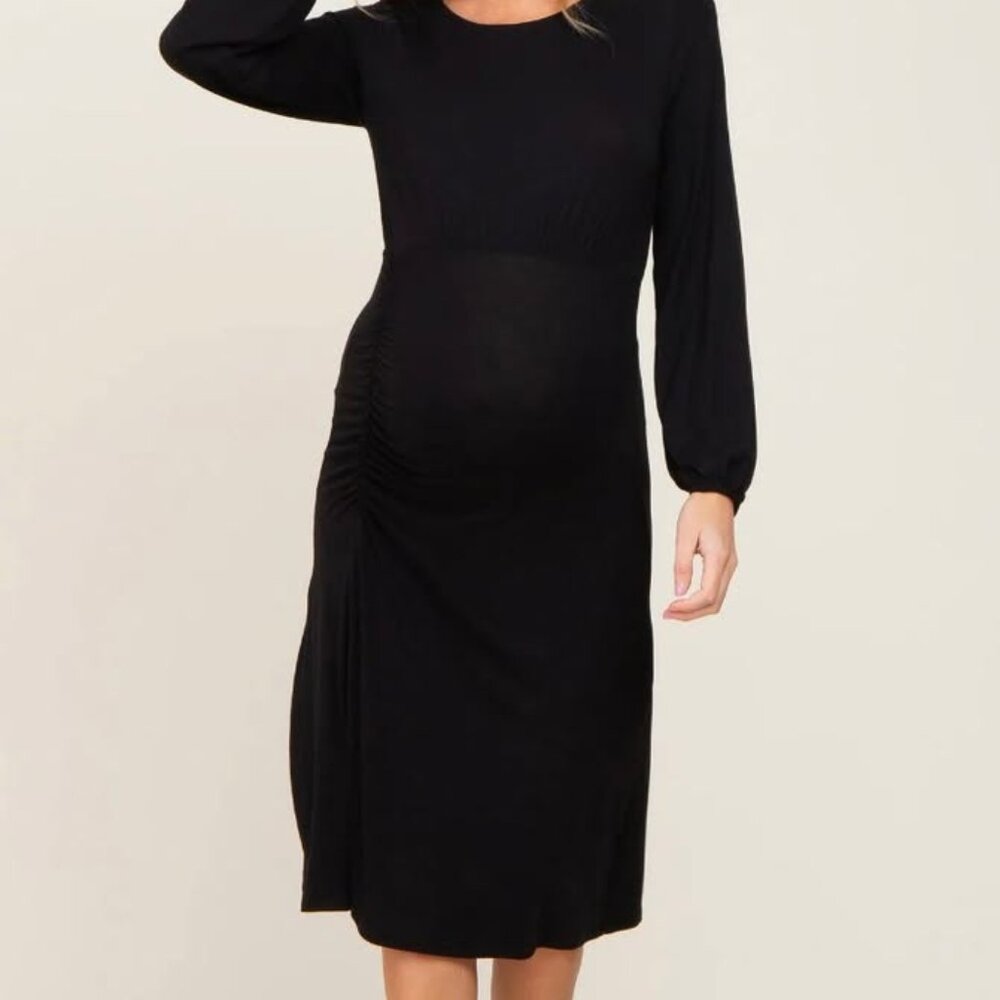 Black Long Sleeve Ruched Maternity Midi Dress